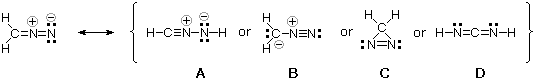 Diazomethane Lewis structure and four bracketed candidate resonance contributors A-D