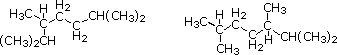 Two condensed structural formulas of branched C10 alkane isomers shown side by side for comparison