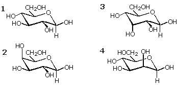 Four pyranose ring structures labeled 1-4, aldohexose choices for the nitric-acid oxidation problem