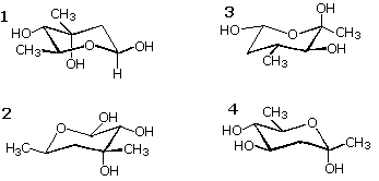 Four deoxy-methyl sugar ring structures labeled 1-4, choices for the C7 sugar mycarose