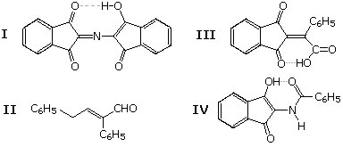 Four ninhydrin-phenylalanine structures labeled I-IV, choices for the purple chromophore (Ruhemann's purple)