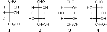 Four Fischer-projection aldoses labeled 1-4, choices for which give the same chiral alditol on reduction
