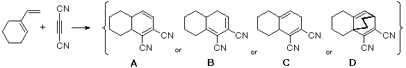 Q42 Diels-Alder: 1-vinylcyclohexene plus malononitrile (NC-CH=C(CN)); fused-ring dinitrile answer choices A-D
